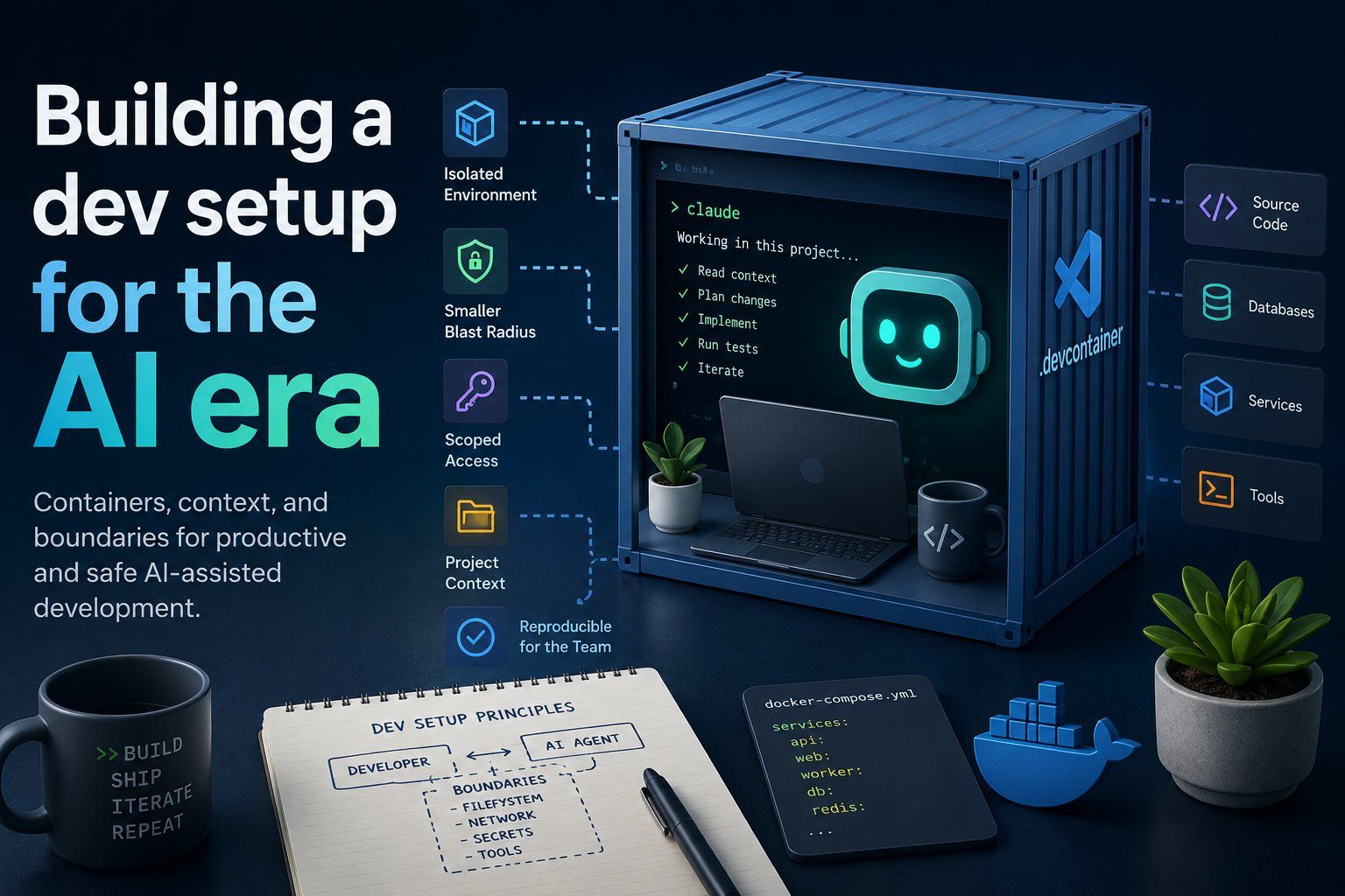 AI-assisted dev setup inside a container, showing scoped access to code, databases, services, and tools.
